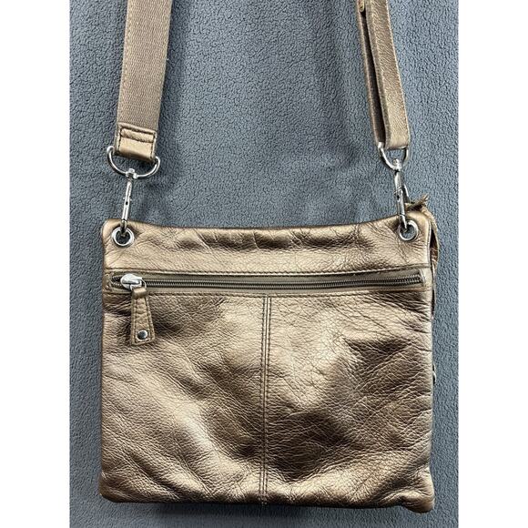 Fossil Pebble Grain Leather Crossbody Handbag Purse Bronze Metallic Pockets - Picture 8 of 14
